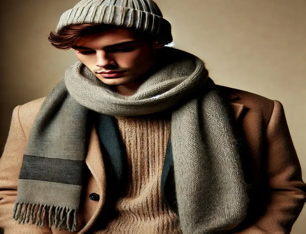 Modello uomo con sciarpa e cappello in stile autunno-inverno 2024