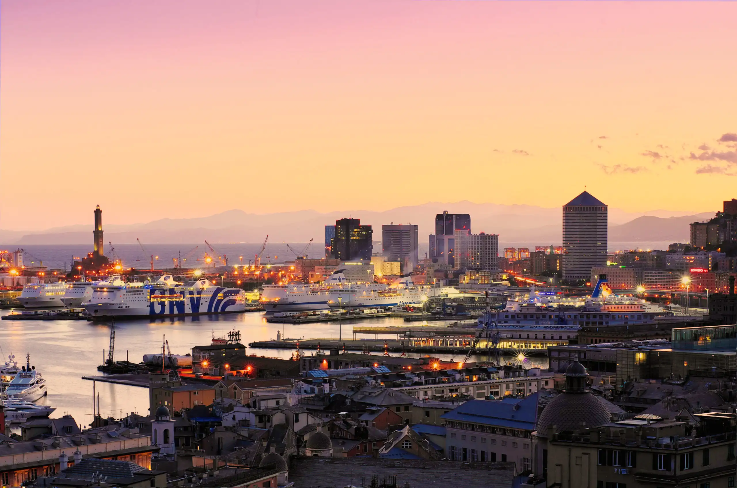 Genoa_port_and_San_Benigno_at_dusk